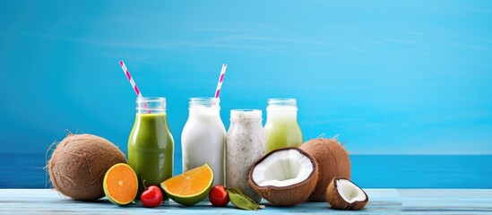 Aufkleber - A variety of fresh fruits and coconut on a blue backdrop, along with a bottle of red fruit juice with a straw, all arranged to symbolize a concept of light, slimming food. Copy space image.