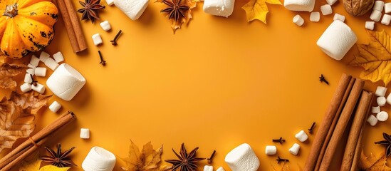 Aufkleber - Autumn-themed arrangement with cinnamon, marshmallows, anise, on a yellow backdrop, creating a festive pattern for Thanksgiving, featuring a fall-themed frame with a copy space image.