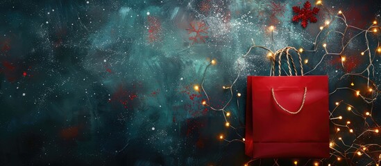 Poster - A festive Merry Christmas greeting with a red paper bag adorned with Christmas lights for a holiday shopping theme, featuring a copy space image.