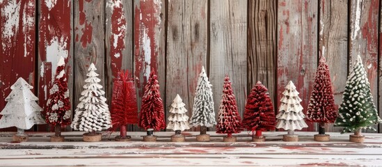 Sticker - A festive arrangement featuring handcrafted Christmas trees on a wooden backdrop, ideal for a copy space image.