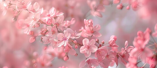 Poster - Pink flowers of Spring Cherry blossoms against a copy space image.