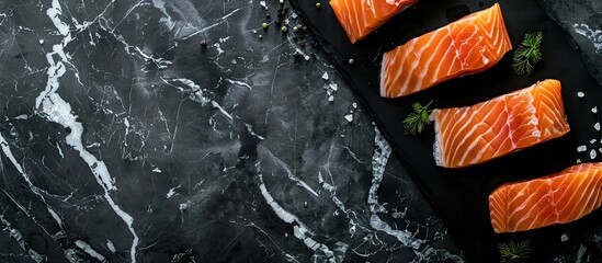 Sticker - Fish delicacy arranged in a flat lay composition with fresh raw salmon on a black marble table, accompanied by copy space for text.