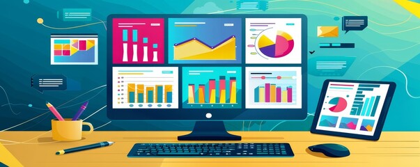 Poster - Modern office desk with computer and tablet showing data analytics, graphs, and charts for digital marketing analysis and business reports.