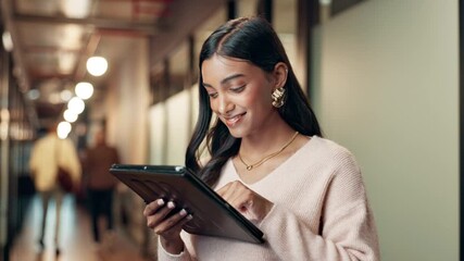 Aufkleber - Lobby, business woman and tablet for scroll, project research and smile for online results. Professional, career and Indian journalist with digital for reading article, blog post and info with pride