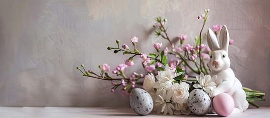 Wall Mural - Easter-themed arrangement featuring a ceramic bunny, eggs, and blooms, with a blank space for text or design.