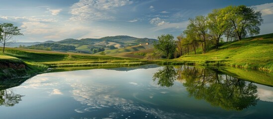 Aufkleber - Scenic Tuscan countryside with a lovely spring froggy landscape, includes a wide copy space image.