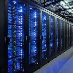 Sticker - a server room with good lightning, Three racks of computers are visible, High-tech data center, AI processing operation center