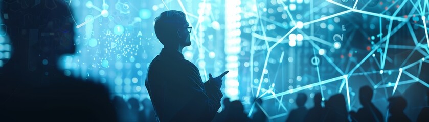 Poster - silhouetted people in front of a blue digital network background, representing technology, communica