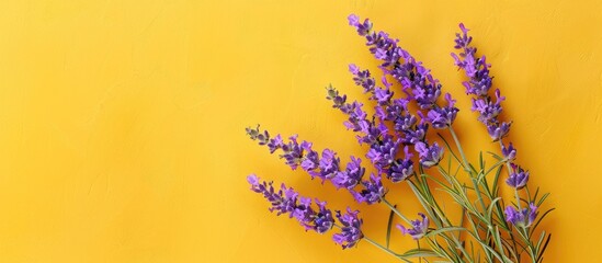 Poster - A flatlay of a lavender flower bouquet on a yellow background with copy space image, perfect for lavender aromatherapy promotion.