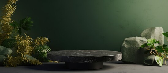 Aufkleber - A black podium with a textured stone aesthetic, showcased against a green backdrop, designed as a decorative stand for beauty products with copy space for customization.