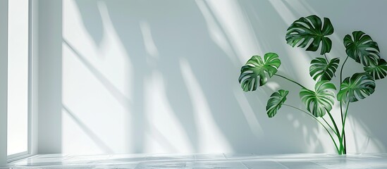 Aufkleber - Monstera leaves or Swiss Cheese plant displayed in a modern interior with a white background, embodying a minimalistic concept. The image includes copy space and selective focus.