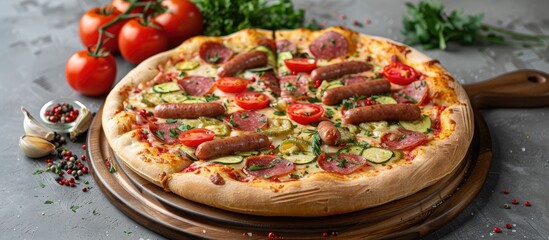 Poster - Italian pizza with smoked sausages, pickled cucumbers, salami, and tomatoes on a wooden tray set against a gray background, providing copy space image.