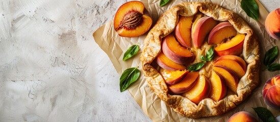 Poster - Light background with a raw peach galette on parchment, providing ample copy space image.