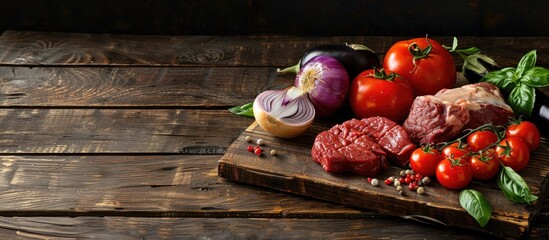 Poster - A wooden board showcasing fresh meat, onion, tomato, pepper, and eggplant for a food background with available copy space image.