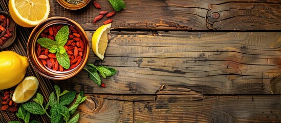 Canvas Print - Rustic wooden backdrop for homemade goji tea with mint, lemon, and copy space image