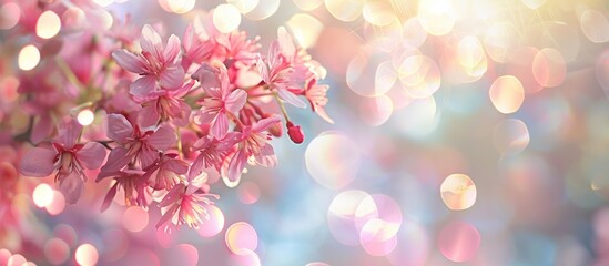 Poster - Pink silk tree blossoms against a blurry backdrop with available copy space image.