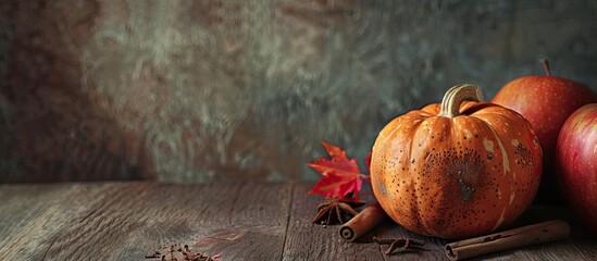 Wall Mural - Studio photo of a pumpkin, apple, and cinnamon beautifully decorated in a pleasing arrangement with copy space image.