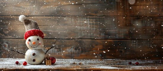 Wall Mural - Horizontal photo of a snowman on a rustic wooden board for Christmas background with copy space image.