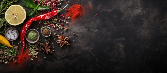 Poster - Cooking essentials like pepper, salt, rosemary, spices, and herbs displayed on a dark concrete background with copy space image.