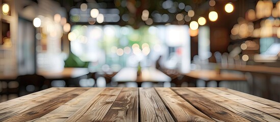 Poster - blurred background of a coffee shop restaurant against a focused empty brown wooden table intended f