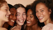 © ALL YOU NEED studio - group of multiethnic female models with different skin tones in a studio, beige background, soft beige and pink color palette, natural lighting, happy mood, natural makeup,natural makeup, skin care