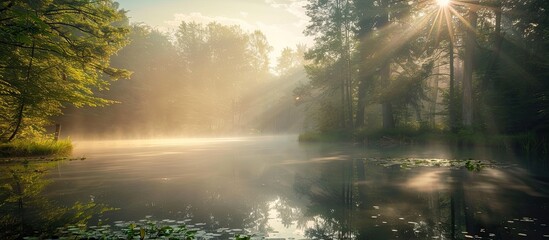 Poster - Capture the serene beauty of a misty morning landscape with the sun casting rays over a pond in a forest, ideal as a romantic copy space image.