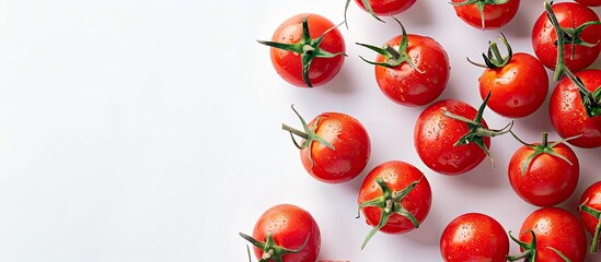 Wall Mural - Fresh red tomatoes arranged with copy space image on a white background, showcasing their food composition in a flat lay.