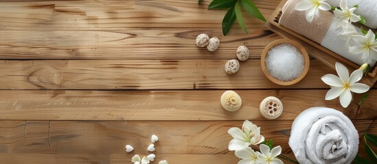 Poster - Spa elements arranged attractively on a wooden surface with ample copy space image.