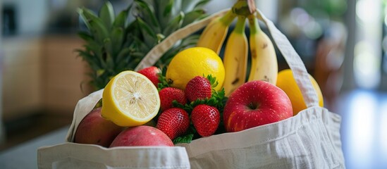 Poster - Selective focus on canvas tote bag with bananas, apples, pear, lemon, and strawberries in a copy space image.