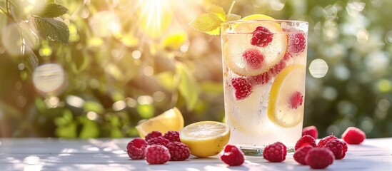 Poster - Close-up photograph of a refreshing lemonade with raspberries placed on a white wooden table outdoors, ideal for adding text with copy space image.