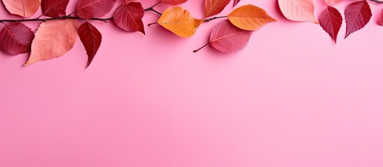 Aufkleber - Colorful fall foliage set against a pink backdrop with a vacant copy space image adjacent to it.