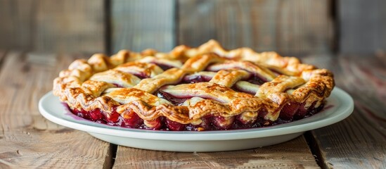 Poster - Plum pie display on white plate against a wooden backdrop in a health-conscious food context, suggesting diet, nutrition, and eating habits with space for text.