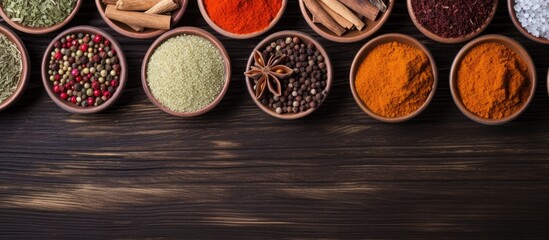 Poster - Colorful spices arranged on a wooden table with space for text, as seen from above in a copy space image.