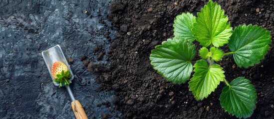 Poster - top-down view of a young green strawberry plant next to a gardening tool, emphasizing gardening conc