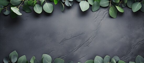 Aufkleber - Eucalyptus leaves arranged on a stone surface with a frame crafted from eucalyptus branches in a top-down view, offering copy space within the composition.