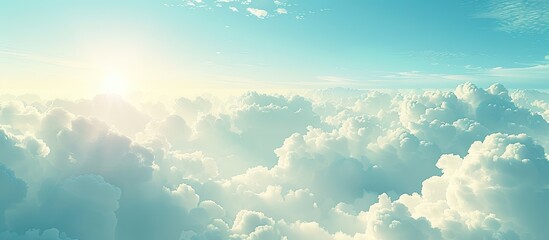 Aufkleber - Copy space image of a pure environment concept with a turquoise sky, white fluffy clouds drifting smoothly on a sunny day seen from above, against a natural outdoor sunlight-filled cloudscape.