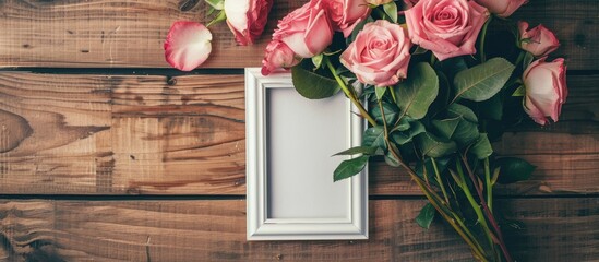 Aufkleber - Wooden table featuring a bouquet of rose flowers and a photo frame, ideal for occasions like anniversaries, Mother's Day, or Women's Day. Perfect for a copy space image.