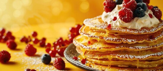 Aufkleber - Russian food called Syrniki portrayed with berries and sour cream on a yellow background, creating a copy space image.