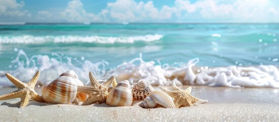 Wall Mural - Sandy beach backdrop with seashells and a summer vacation theme, perfect for adding text or images.