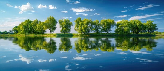 Sticker - A serene summer scene of trees mirrored in a lake with copy space image available.