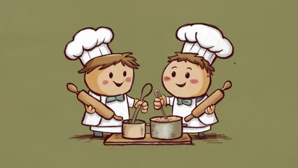 Wall Mural - Two cartoon chefs are preparing a meal in the kitchen, AI