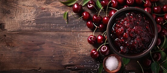 Poster - A flat lay arrangement featuring a pot, cherries, sugar on a wooden table, with room for text alongside an image to make delicious jam.