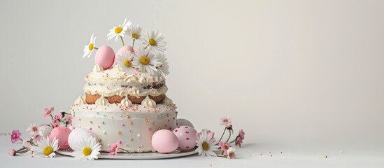 Aufkleber - Easter-themed greeting card featuring a cake decorated with flowers on a white background, ideal for adding text in the copy space image.