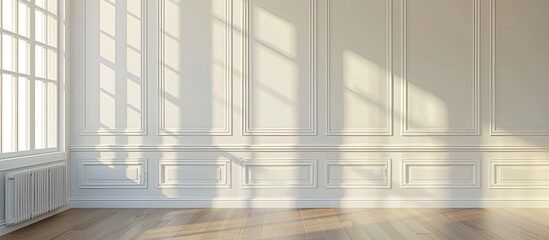 Wall Mural - Empty light room at home featuring a white wall adorned with a plastic window and radiator with copy space image.