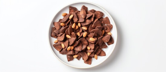 Poster - Top view of chocolate almond thin chips on a plate against a white background with copy space image.