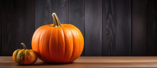 Aufkleber - Seasonal pumpkin displayed on a wooden table against a dark background, with copy space image.