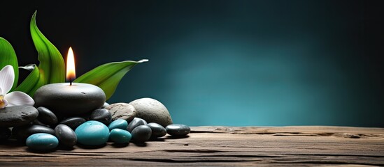 Poster - A serene spa ambiance with lava beads arranged on a wooden surface, creating a tranquil copy space image.
