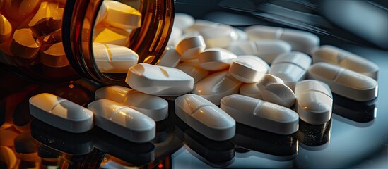 Aufkleber - White oval pills displayed with a dark glass bottle on a black mirror background, creating a striking composition with copy space image.
