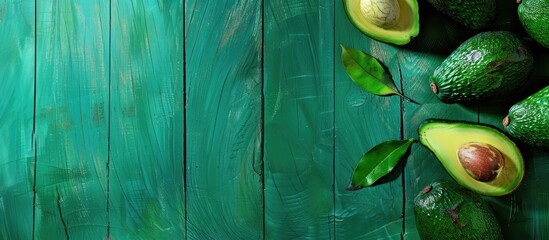 Poster - Ripe avocados on a green wooden backdrop with copy space image available.