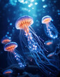 © kyon - Amidst the cerulean expanse of the ocean, translucent jellyfish gracefully glide through the depths, their ethereal forms casting an aura of mystique.